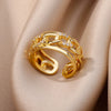 Gold Color Stainless Steel Rings For Women Chain Hollow Out Crystal Zircon Finger Ring Jewelry  Gift anillos mujer