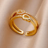 Gold Color Stainless Steel Rings For Women Chain Hollow Out Crystal Zircon Finger Ring Jewelry  Gift anillos mujer