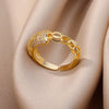Gold Color Stainless Steel Rings For Women Chain Hollow Out Crystal Zircon Finger Ring Jewelry  Gift anillos mujer