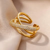 Gold Color Stainless Steel Rings For Women Chain Hollow Out Crystal Zircon Finger Ring Jewelry  Gift anillos mujer