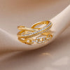 Gold Color Stainless Steel Rings For Women Chain Hollow Out Crystal Zircon Finger Ring Jewelry  Gift anillos mujer