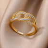 Gold Color Stainless Steel Rings For Women Chain Hollow Out Crystal Zircon Finger Ring Jewelry  Gift anillos mujer