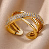 Gold Color Stainless Steel Rings For Women Chain Hollow Out Crystal Zircon Finger Ring Jewelry  Gift anillos mujer