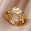 Gold Color Stainless Steel Rings For Women Chain Hollow Out Crystal Zircon Finger Ring Jewelry  Gift anillos mujer