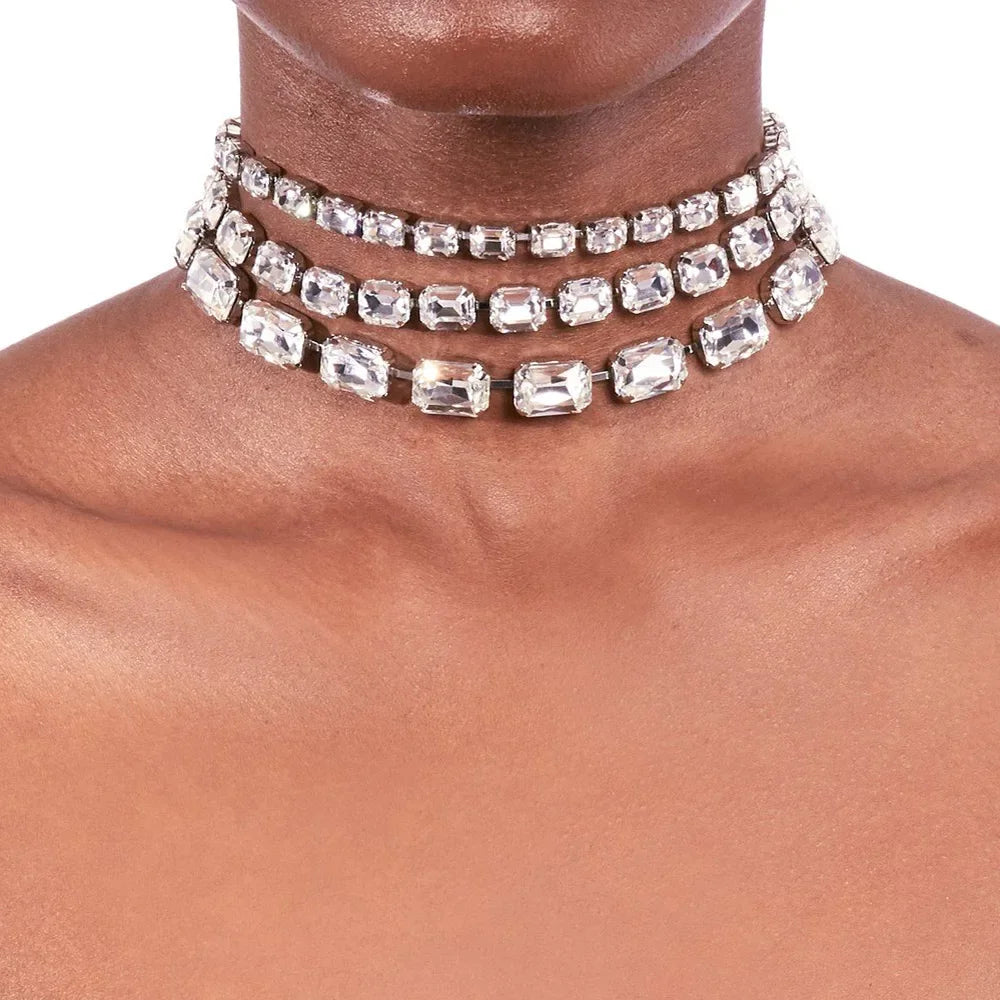 Large Rhinestone Necklace Statement Jewelry for Women Christmas Party Gifts Multi Row Crystal Collar Choker Necklace