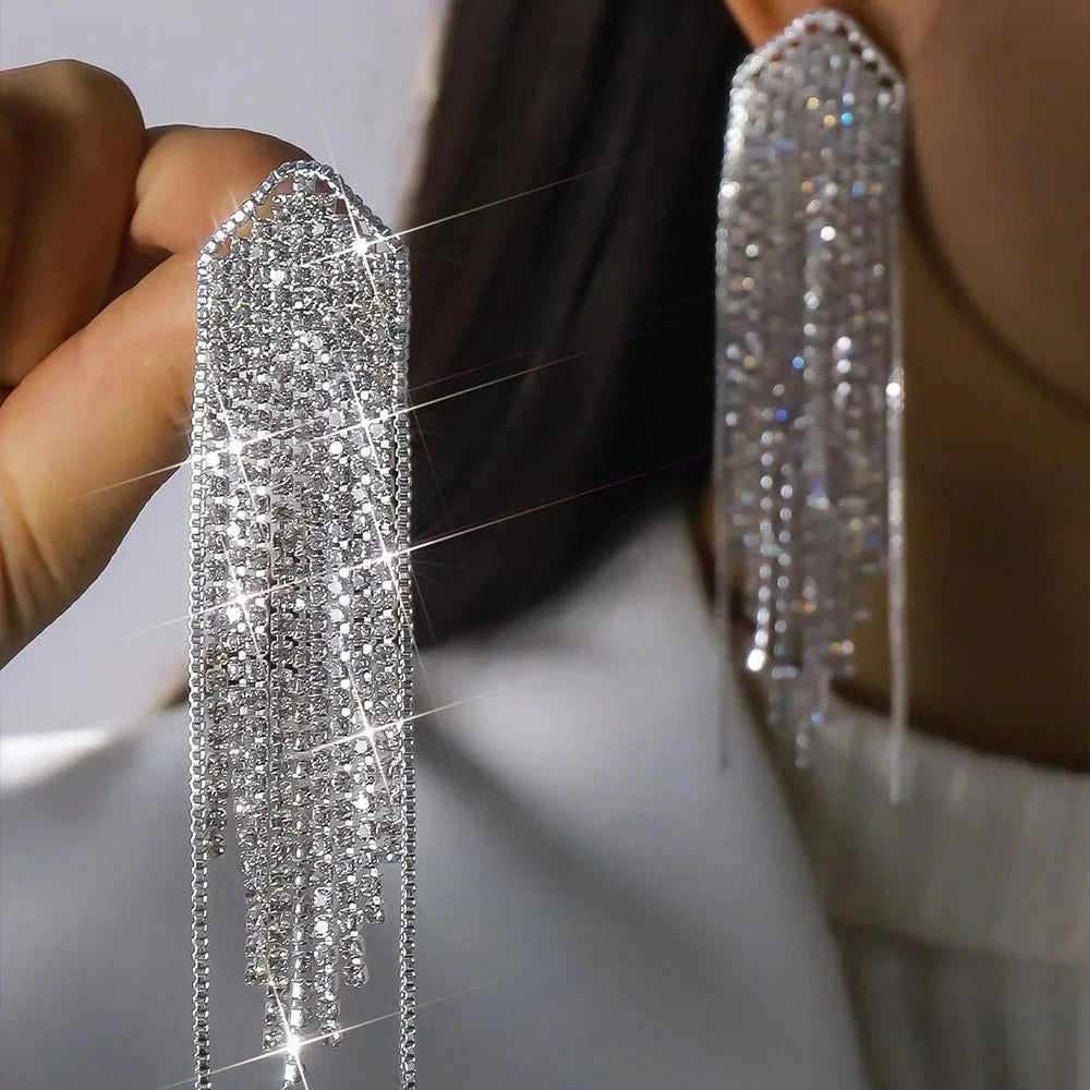 New Statement Earring Long Full Rhinestone Big Earrings For Women Shining Tassel Dangle Earrings Wedding Jewelry Gift