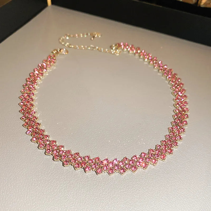 Pink Purple Gold Color Rhinestone Choker Necklaces for Women Geometric Crystal Necklaces Party Weddings Jewelry