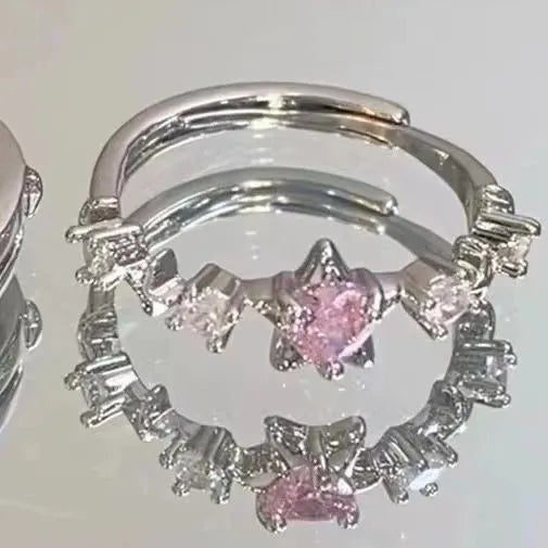 Shiny Five Pointed Star Couple Rings for Women Men Vintage Pink Crystal Star Adjustable Ring Lover Y2K Jewelry