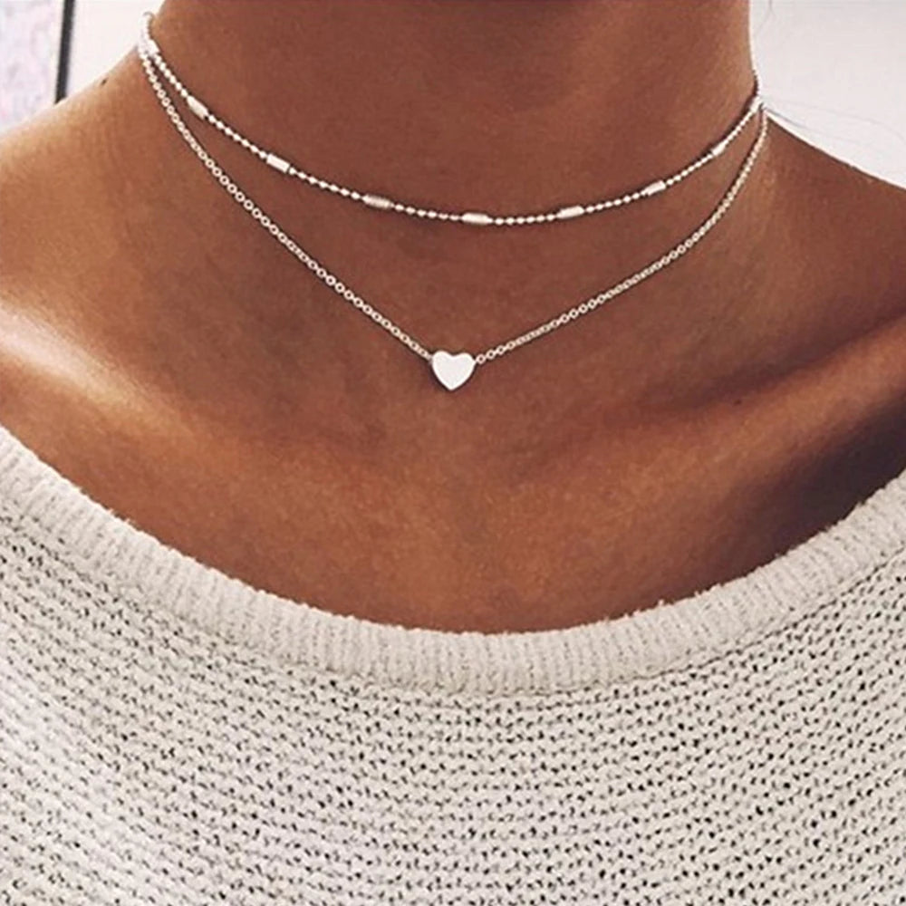 Silver Color Heart Necklace for Women Girls Teens Vintage Y2K Thin Light Bead Chain Minimalist Simple Party Jewelry Gift