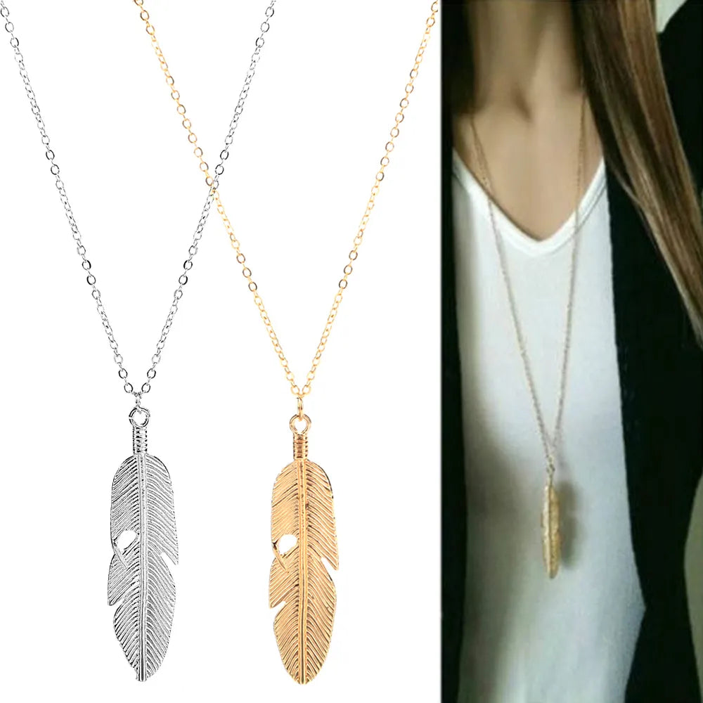 Simple Gold Color Meter Feather Pendant Necklace for Women Leaf Shaped Female Long Sweater Chain Girls Jewelry Gifts