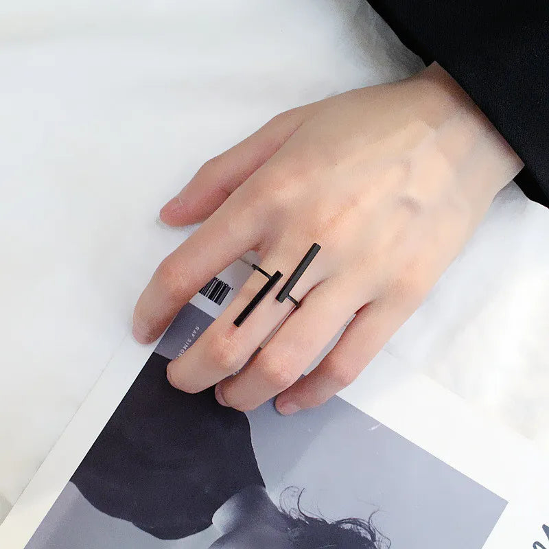 Simple Style Long strip Geometric Open Ring For Women Girl Black Silver Color Adjust Finger jewelry Birthday Gifts