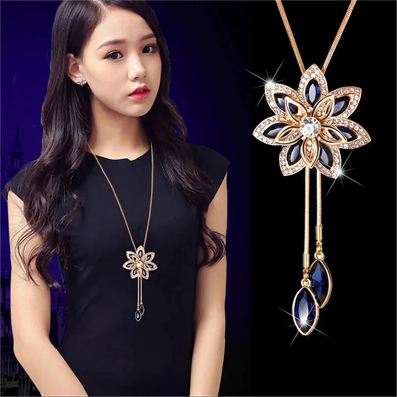 Snowflake Choker Sweaterchain Tassel Necklace for Women Delicate Flower Crystal Pendant Valentines Day Gift Boho Jewelry