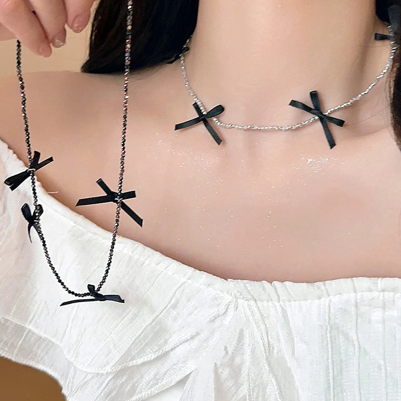 Sweet Black Ribbon Bow Necklace for Women Exquisite Handmade Beaded Charm Chain Collares Necklace Party Jewelry Gift