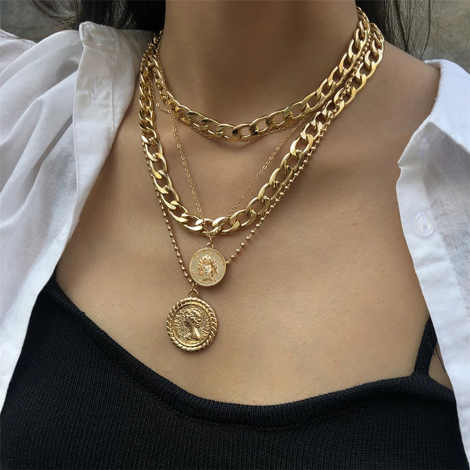 Thick and Thin Chain Multi-layer Necklace for Women Men Punk Figure Circular Pendant Necklace Vintage Jewelry