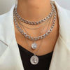 Thick and Thin Chain Multi-layer Necklace for Women Men Punk Figure Circular Pendant Necklace Vintage Jewelry