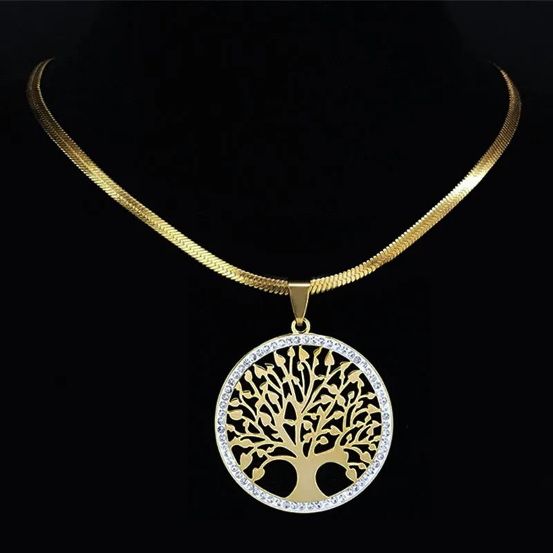 Tree of Life Stainless Steel Crystal Necklaces Pendants Women Gold Color Neckless Jewelry bijoux acier innoxydable femme