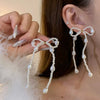White Imitation Pearl Stud Earrings for Women Exquisite Bow Long Tassel Chain Dangle Earrings Wedding Jewelry