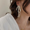 White Imitation Pearl Stud Earrings for Women Exquisite Bow Long Tassel Chain Dangle Earrings Wedding Jewelry