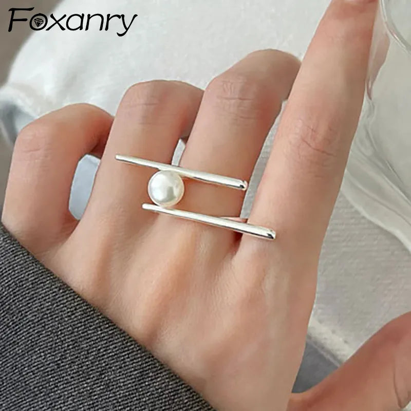 Foxanry   Silver Color Pearl Rings for Women Couples Creative Simple Geometric Handmade Birthday Party Jewelry Gifts
