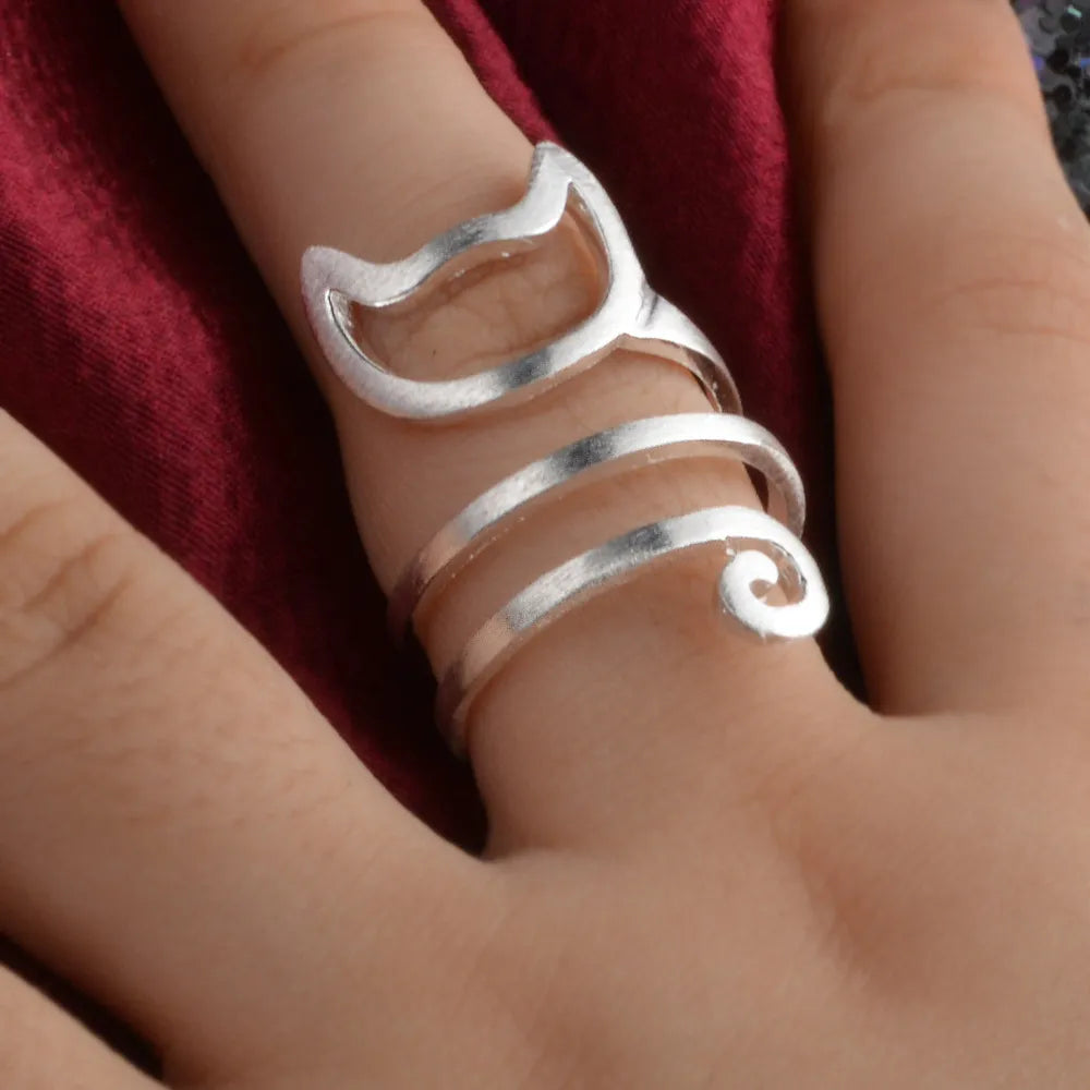 Foxanry Silver Color Creative Winding Handmade Rings for Women Couples Terndy Party Cute Cat Finger anillos Jewelry Gifts