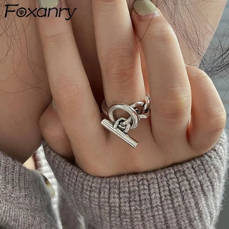 Foxanry Vintage Handmade OT Buckle Engagement Rings for Women Couples   Creative Geometric Handmade Party Jewelry Gift
