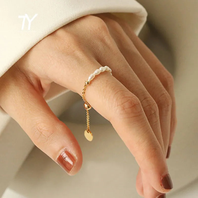 French Simple Retro Pearl Chain Pull Adjustment Gold Color Rings Girl's  Elegant Accessories  Finger Jewelry For Woman