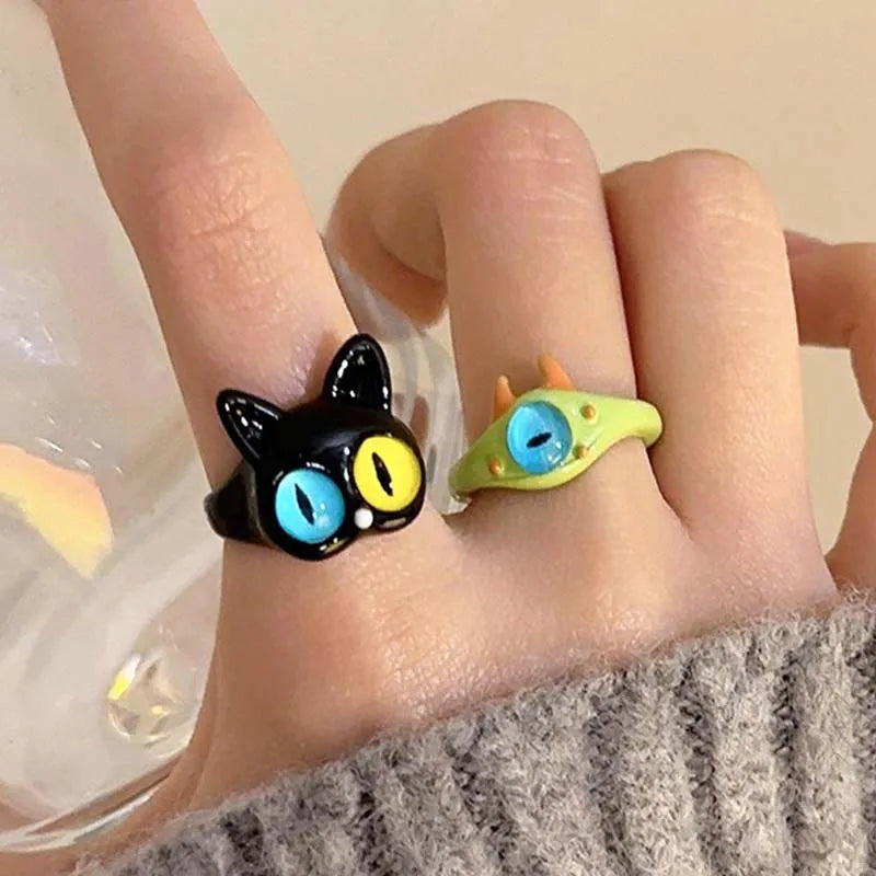 Funny Black Cat Monster Ring for Women Cartoon Big Eye Couple Rings Wedding Finger Jewelry  Sweet Accessories  New