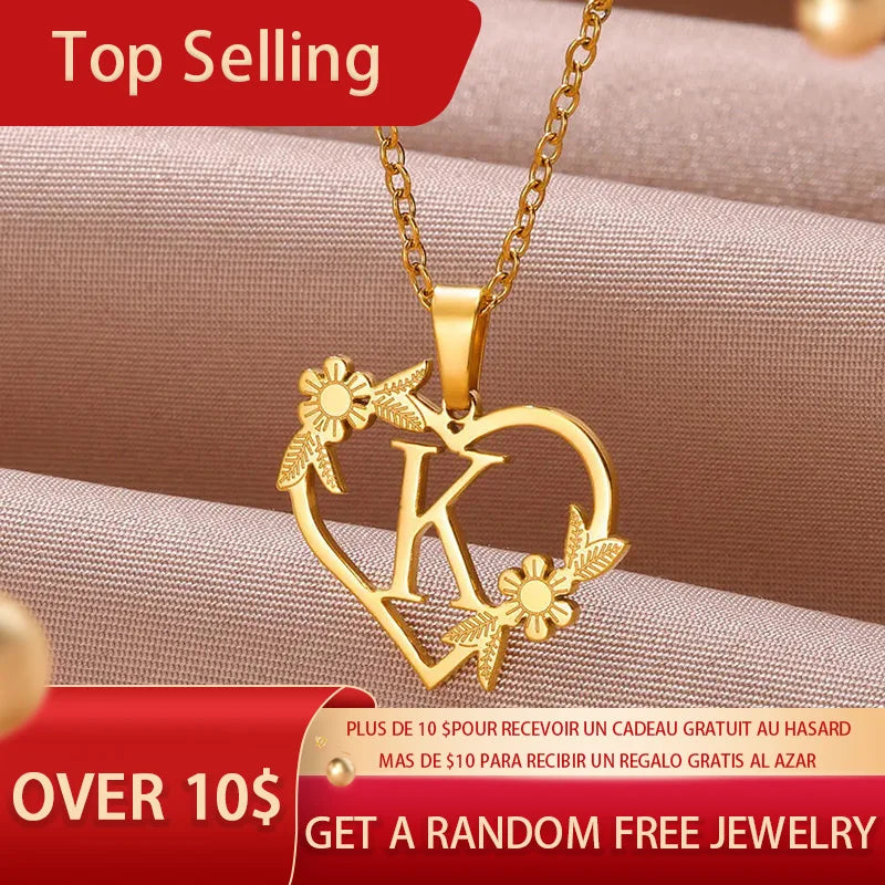 Gold Color Dainty Flower Initials Necklace Women Girl Stainless Steel Heart Letter Choker Necklace  Gifts Alphabet Jewelry