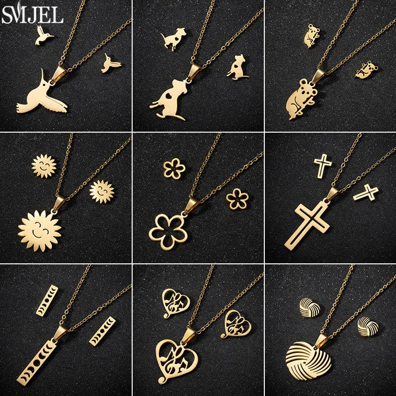 Golden Stainless Steel Jewelry Sets for Women   Jewelry Koala Daisy Hummingbird Necklace Cross Simple Earrings Brinco