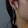 double piercing silver color rose gold clear green rectangle cubic zirconia long chain tassel earring - Image 4