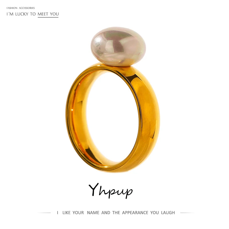 Elegant Shell Pearl Ring Gold Stainless Steel Metal Texture Plated Geometric Charm Jewelry Women Engagement - Image 1