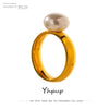 Elegant Shell Pearl Ring Gold Stainless Steel Metal Texture Plated Geometric Charm Jewelry Women Engagement - Image 1