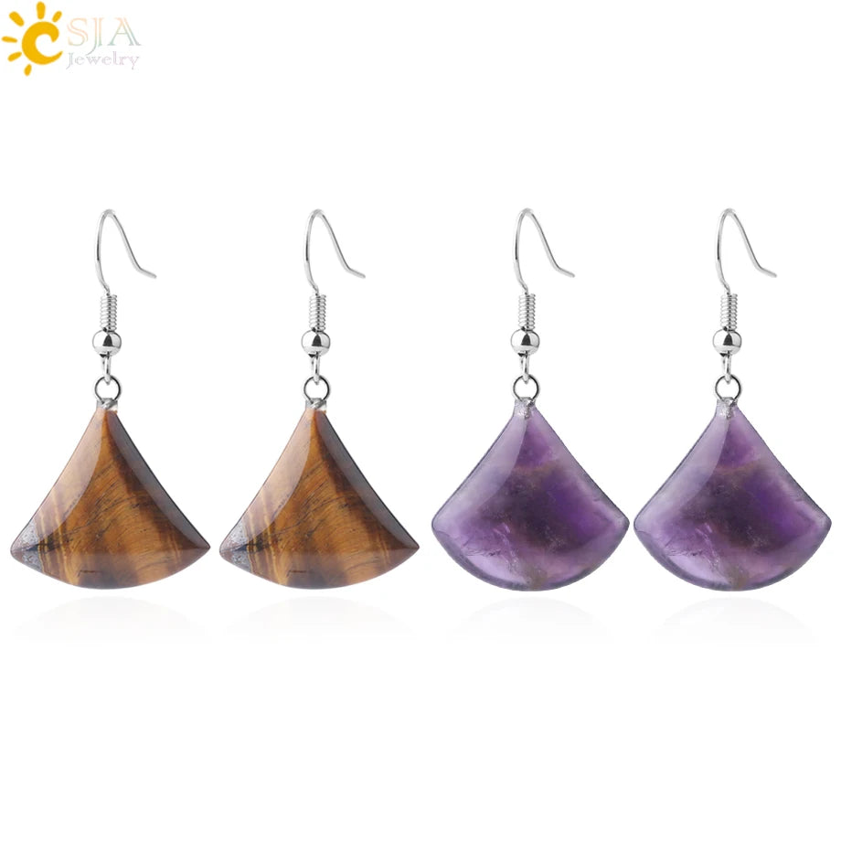 1pc Stone Drop Earrings for Women Small Fan-shaped Earring Purple Pink Quartz Lapis Lazuli Crystal Tiger Eye - Image 1