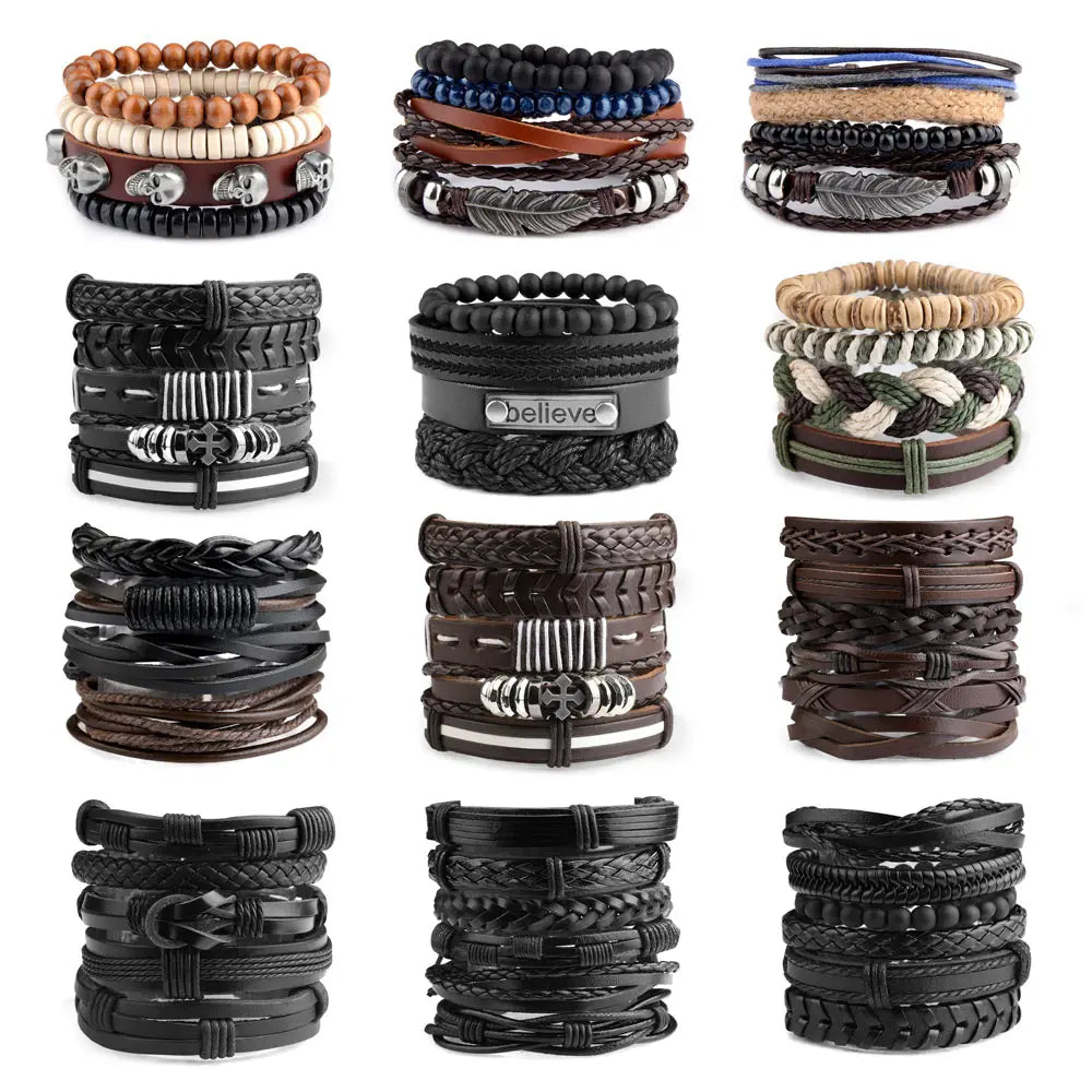 Viking Gothic Leather Bracelet Multilayer Vinatge Men Bracelets Leather Punk Combination Bracelet For Men Jewelry - Image 1
