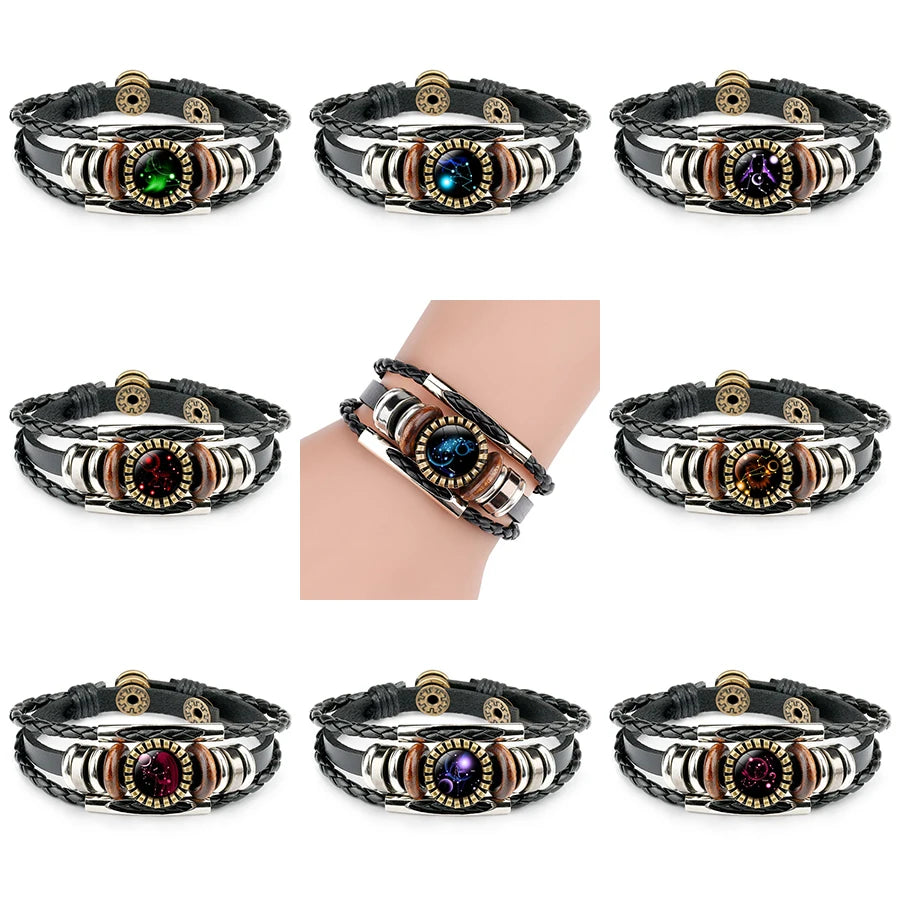 Vintage 12 Zodiac Sign charm bracelet For Women Men Horoscope Multi layered Leather Wrap Bangle Jewelry Gift - Image 1