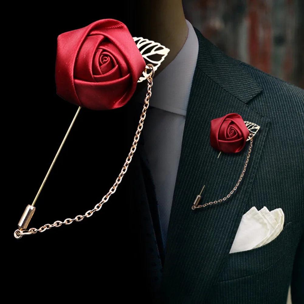 1 Pcs Ribbon Men Rose Flower Golden Leaf Brooch Pin Suit Lapel Men Wedding Boutonniere Brooch Jewelry - Image 1