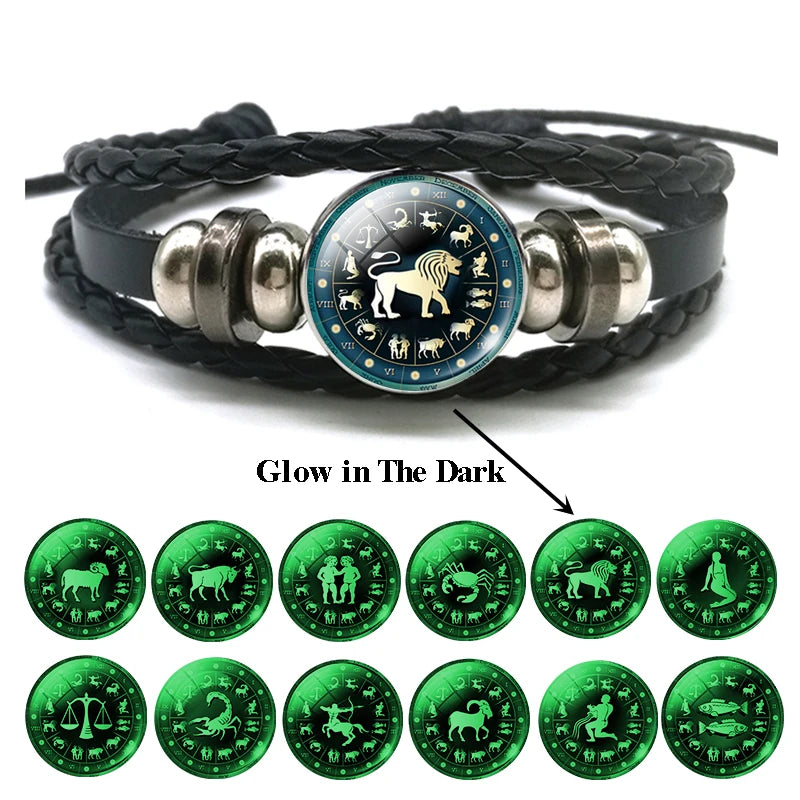 Luminous Bracelet 12 Zodiac Leo Libra Sagittarius Capricorn Aquarius Braided Leather Bracelet Glowing Jewelry - Image 1