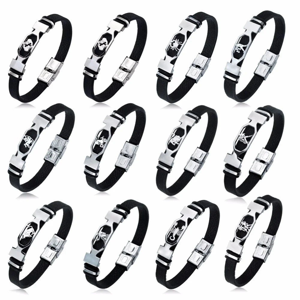 Trends 12 Constellation Stainless Steel Cuff Bracelet Men Women Zodiac Sign Black Leather Wrap Bracelet Jewelry - Image 1