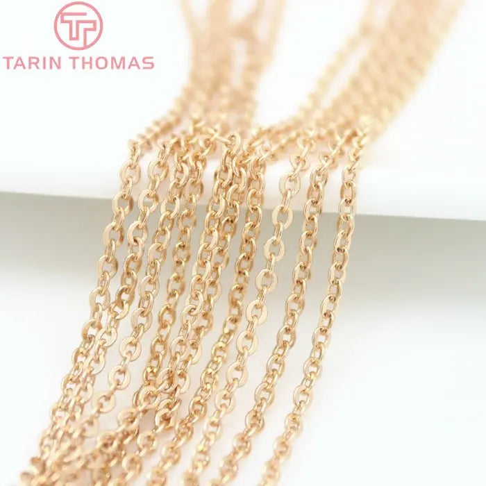 (4295)2Meter width:1.5MM 2MM Champagne Gold Color Brass Flat Oval Chains Necklace Chains Jewelry Accessories - Image 1