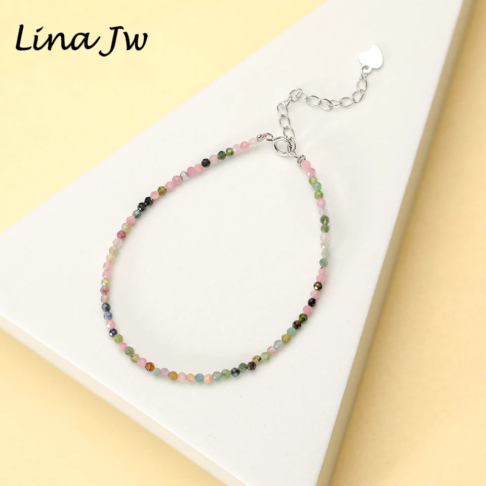 Stone Beads Bracelet on Hand Chain Jewelry 2MM with Silver Bangle for Women Gift - Image 1