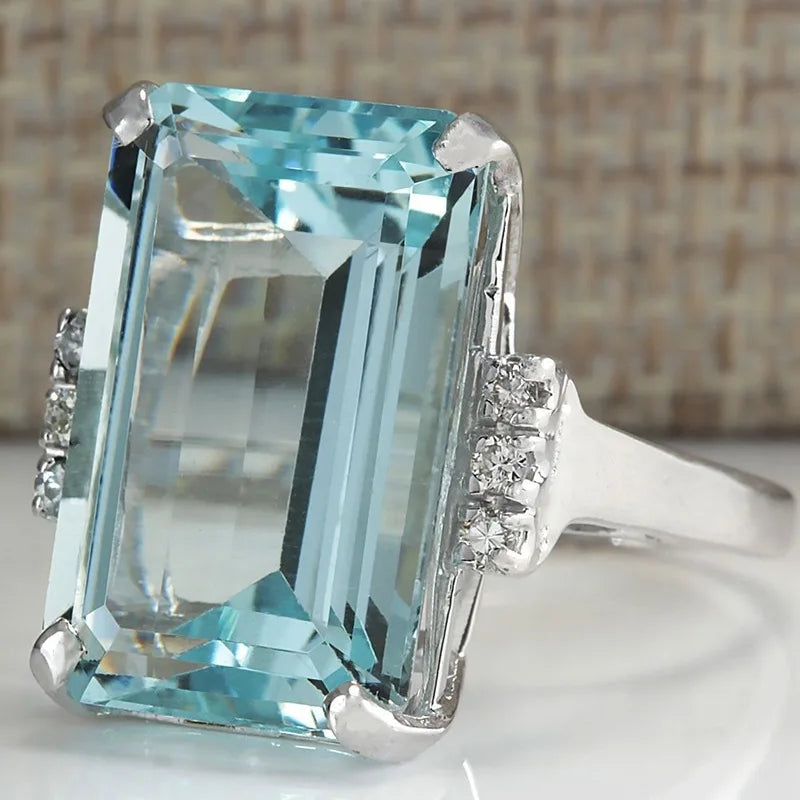 Oversize Sky Blue Square Cubic Zirconia Crystal Ring for Women Jewelry Cocktail Party Size 5-12 - Image 1