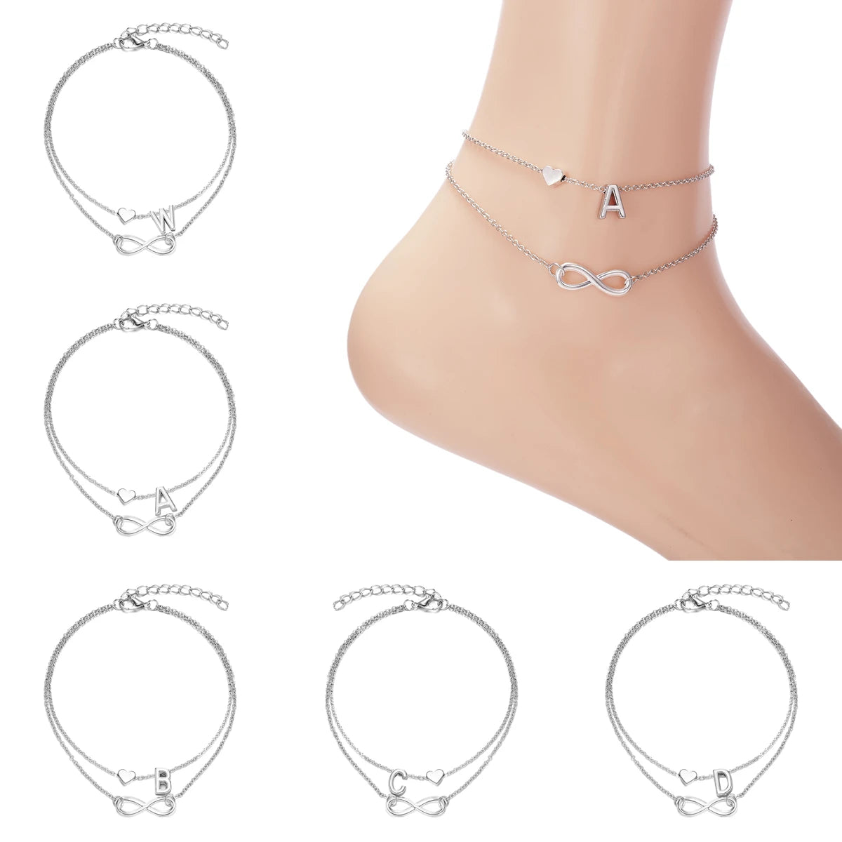 Summer A-Z Letter Initial Anklets For Women Silver Color Heart Anklet Bracelet Leg Chain Beach Party Foot Jewelry - Image 1