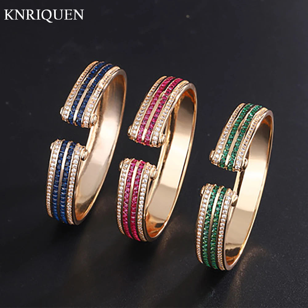 Wedding Bangles for Women Vintage Sapphire Emerald Ruby Gold Color Cuff Bracelets Party Jewelry Birthday Female Gift - Image 1