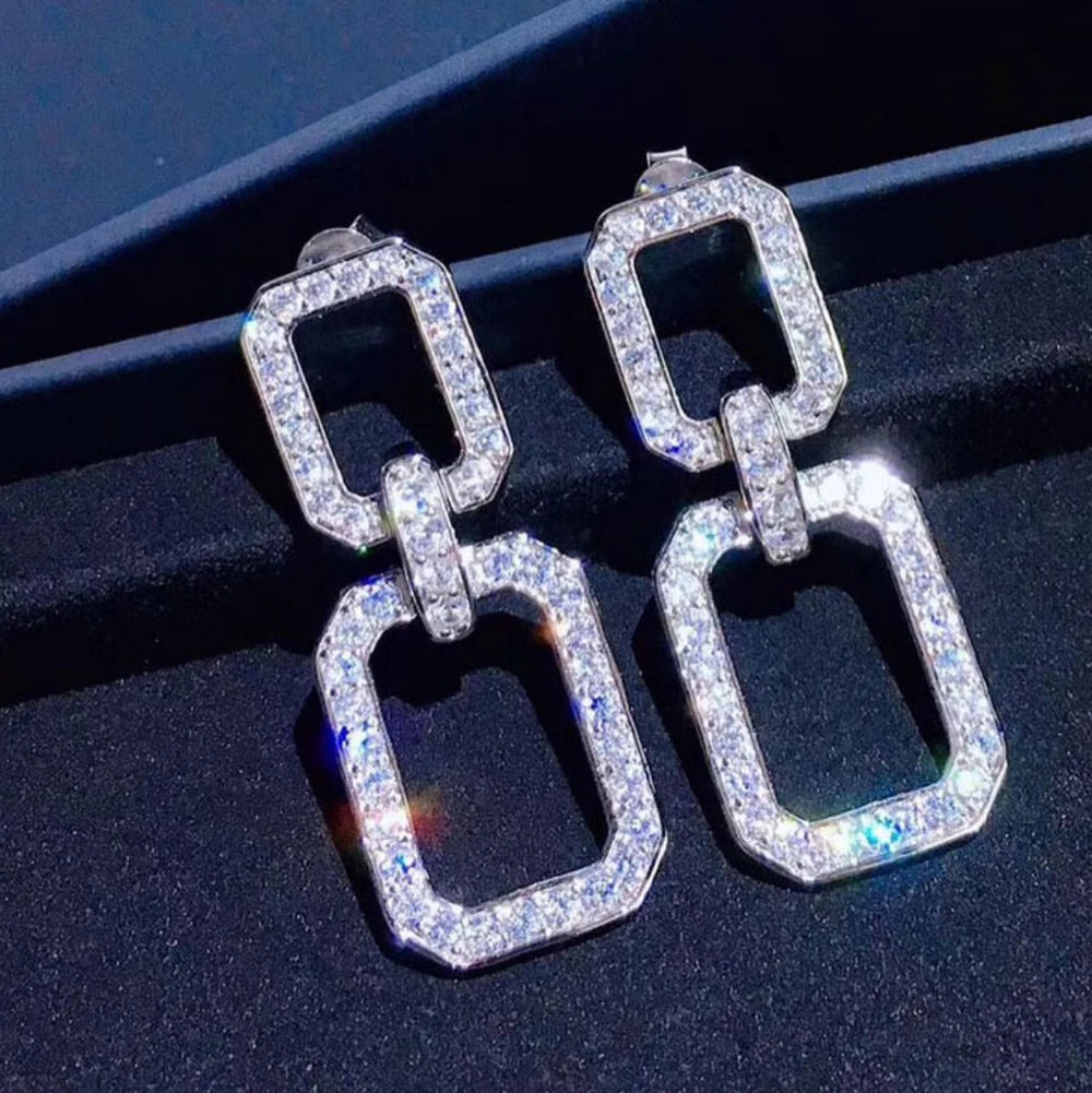 Korean Geometric Silver Needle Earrings Micro Paved Cubic Zircon Dangle Drop Earring For Women - Image 1