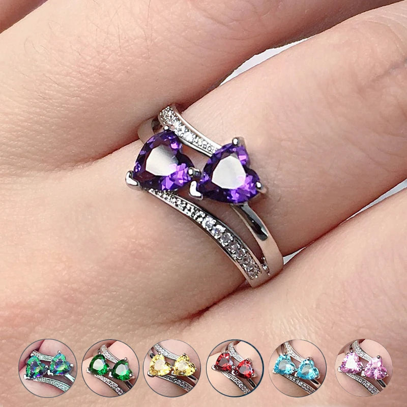 Romantic Engagement Rings For Women Double Heart Shaped Pretty Gift For Women Seven Color Cubic Zircon Available Rings - Image 1
