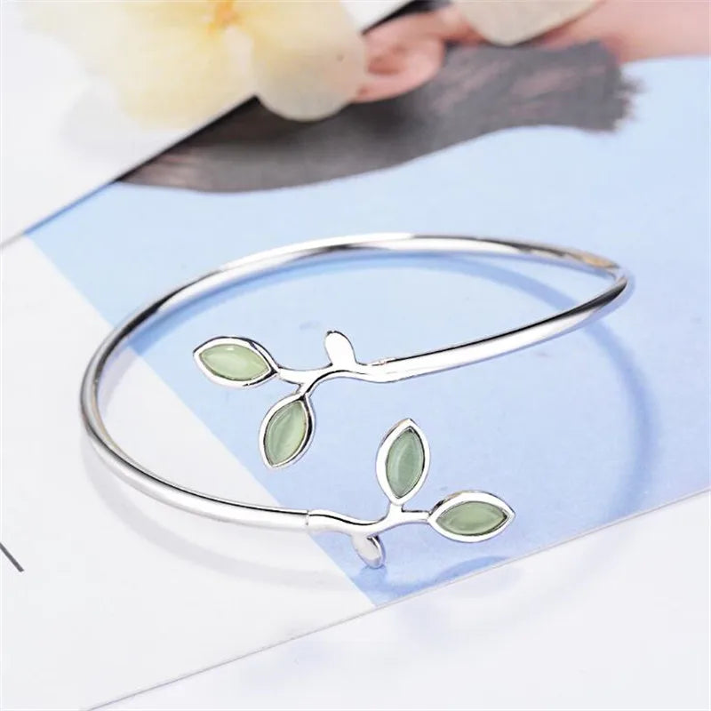 Beautiful Sprout Korean Style Silver Jewelry Bracelets Literary Leaves Crystal Bangles - Image 1