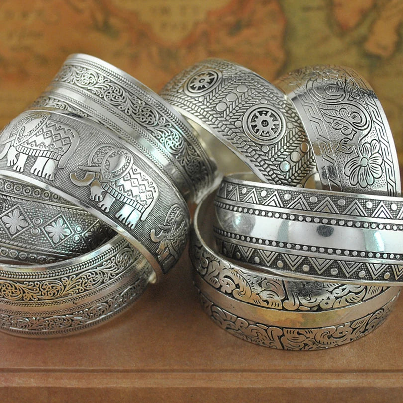 Vintage Cuff Bracelet Tibetan Silver Plated Carved Flower Geometric Animal Opening Bangle Adjustable Indian Jewelry Women Gifts - Image 1