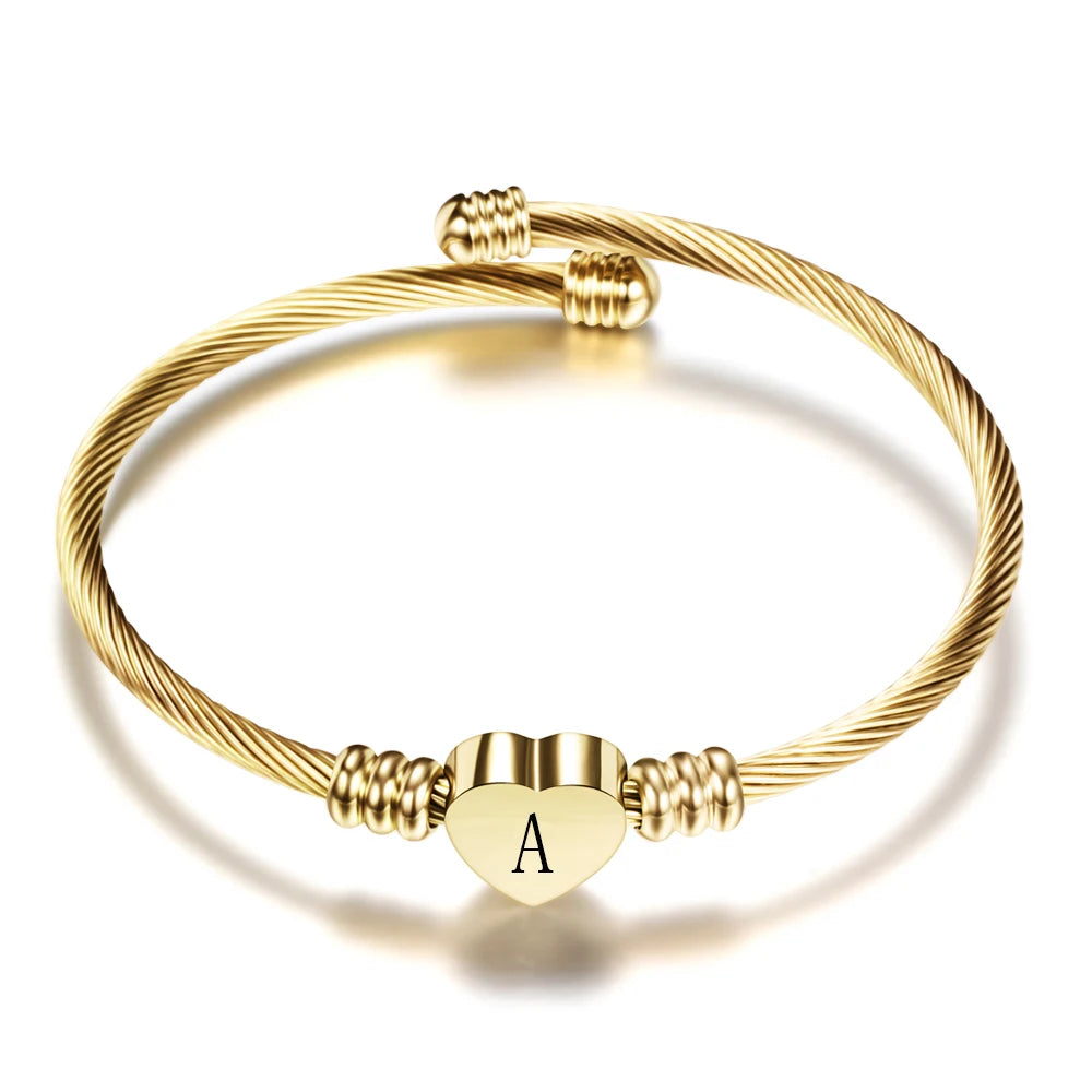 Girls Gold Color Stainless Steel Heart Bracelet Bangle With Letter Initial Alphabet Charms Bracelets For Women - Image 1