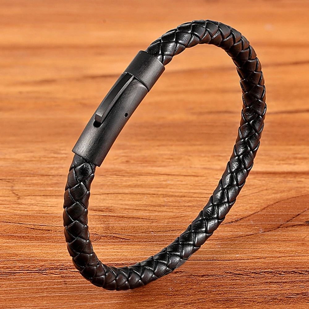 Xqni Men Leather Bracelet Simple Black Stainless Steel Button Neutral Accessories Hand-woven Jewelry Gifts - Image 1