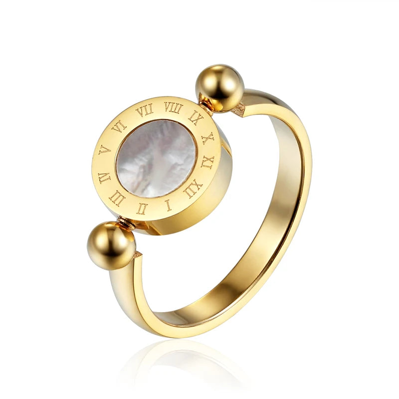 Classic Design Can Be Rotated Enamel And Shell Roman Numeral Beautiful Woman Ring Stainless Steel Ring Jewelry For Women - Image 1